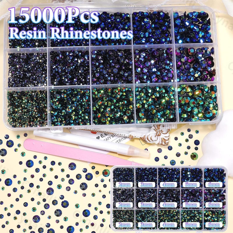 Cynailli 15000 Pcs Resin Rhinestones for Crafts, Dark Black AB Flatback Resin Rhinestones for Bedazzling Gems 2/3/4/5/6mm Flatback Gems Jewels for DIY Mugs Tumblers Bottles Clothing Shoes Nail Art - Image 3